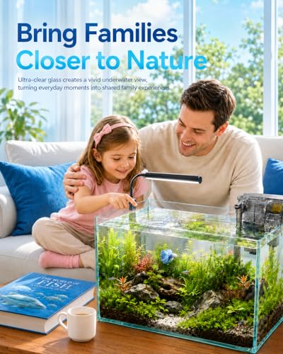 Image of 10-Gallon Ultra-Clear Glass Fish Tank Starter Kit, LED Light, Reusable 3-Stage Filter, Lid, Easy Maintenance Rimless Aquarium for Betta and Small Fish