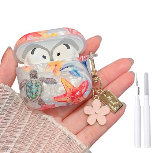 Image of MINSCOSE for Glitter AirPods 4 Case,Cute Shell Pattern Marine Life Design with Floral Keychain,Soft TPU Anti-Drop Shockproof Cover with Cleaner Kit for Women Girls for AirPods 4-Dolphin