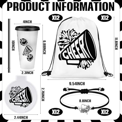 Zhehao 48 Pcs Cheer Gift Bulk for Team Cheerleading Gift Include 12 Plastic Cups with Lid and Straw, Drawstring Bags, Bracelets, Compact Mirrors for Women Party Supplies Banquet(Black)2