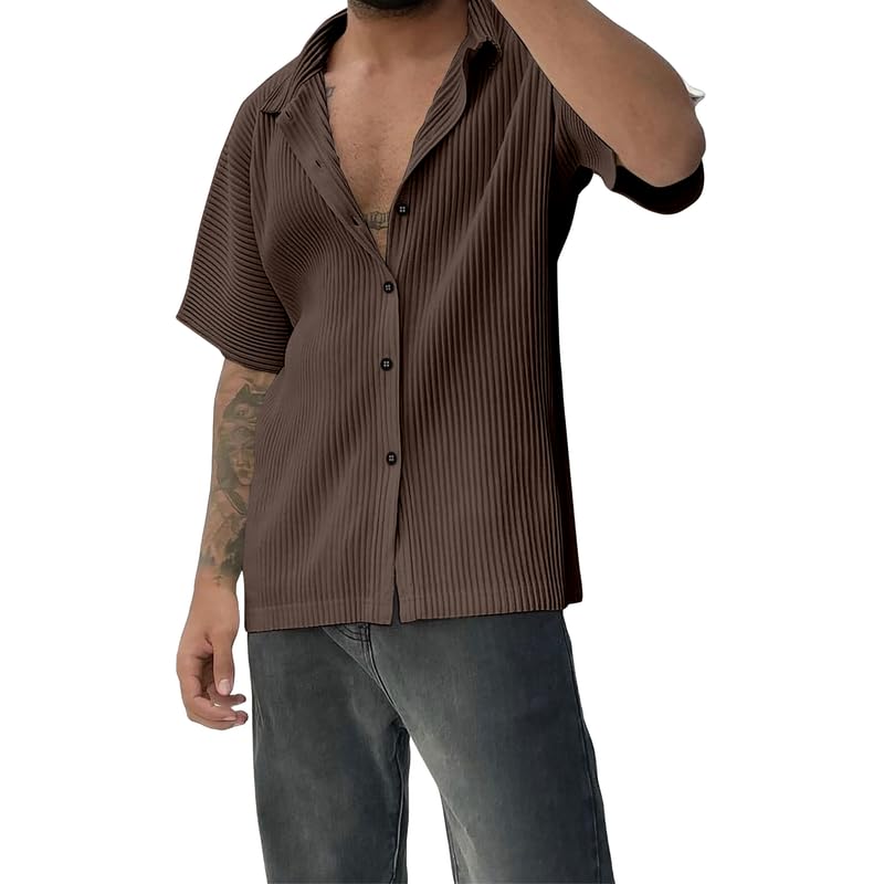 Image of MiraMichi Men's Regular Fit Long Shirt - Corduroy Fabric, Striped Pattern, Half Sleeves, Ideal for Casual