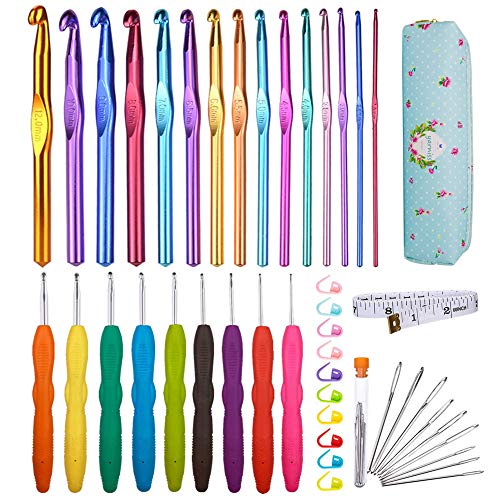 15 Sizes(B-O) Aluminum Crochet Hooks with 9 Ergonomic Crochet Hooks Set,Crochet Hooks for Beginners with Crochet Accessories in Case,2mm-12mm