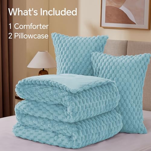 Image of BEDELITE Fluffy Full Size Comforter Set - Dusty Blue Fleece Soft Comforter for Full Size Bed, Luxury Warm Bedding Set for Winter, Fuzzy Bed Set 3 Pieces (1 Comforter, 2 Pillowcases)