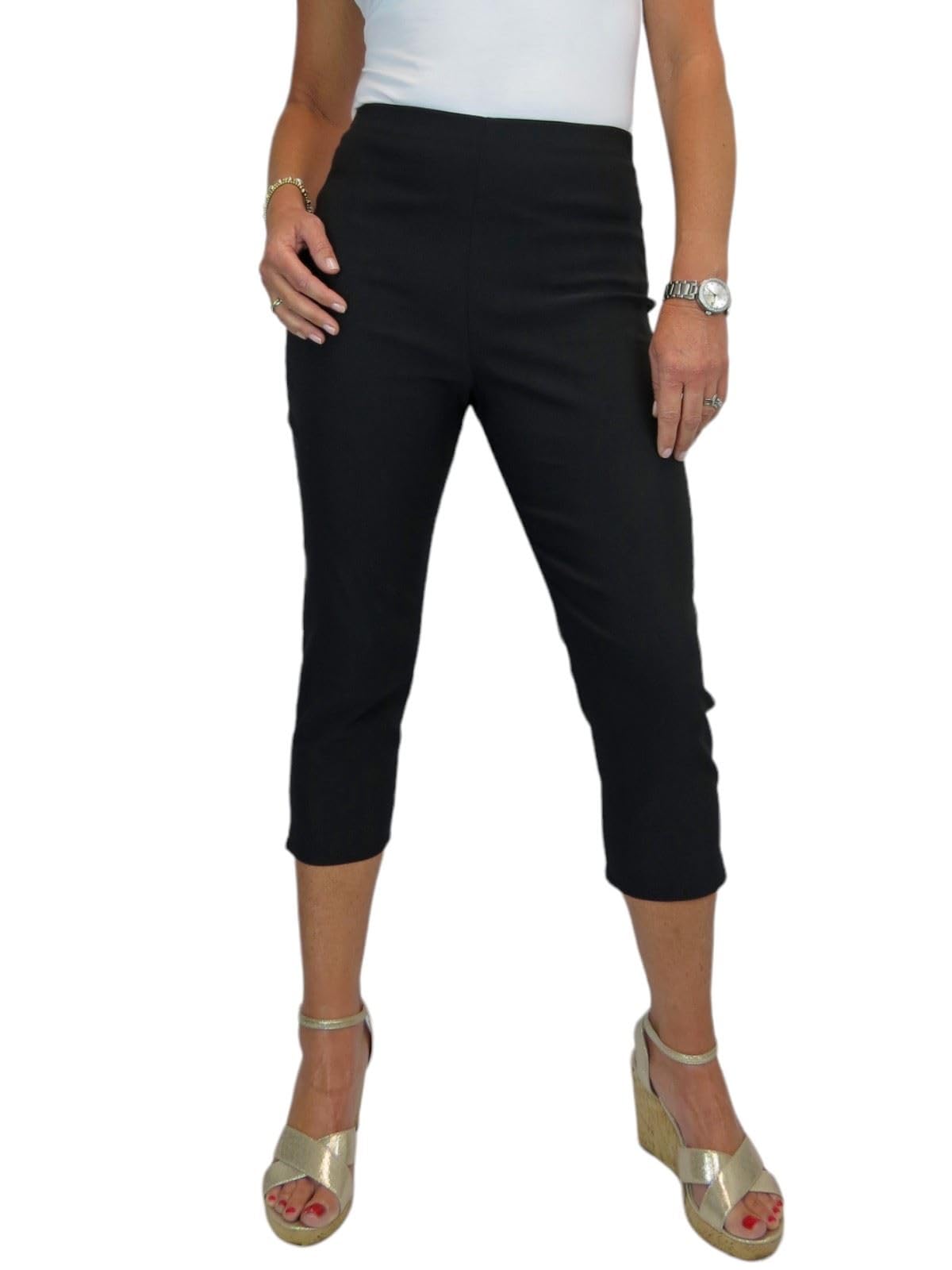 Paulo Due Women's Black Pull On Cropped Trousers Summer Stretch Bengaline Elasticated Waist Summer Capri 8-20 (16)