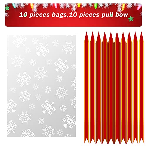 20Pcs Christmas Snowflake Cellophane Bags Pull Bow Set 10 Pcs Christmas Basket Bags Wine Bottles Cellophane Wrap Perfect For Gift, Presents, With 10Pcs Pull Bows (12 X 18 Inches) #TOP1