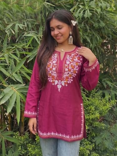 Image of GoSriKi Short Kurti for Women Viscose Embroidered | Kurti for Woman Regular Fit | Round Neck V Slit Full Sleeve Stylish Ladies Top Ethnic Wear Womens Clothing Trendy Kurta Tops