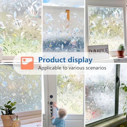 Zindoo Privacy Window Film 3D Window Sticker Static Non-Adhesive Window Covering Film Stained Glass Window Film Flowers Door Film Decorative 90cm x 200cm - Image 6