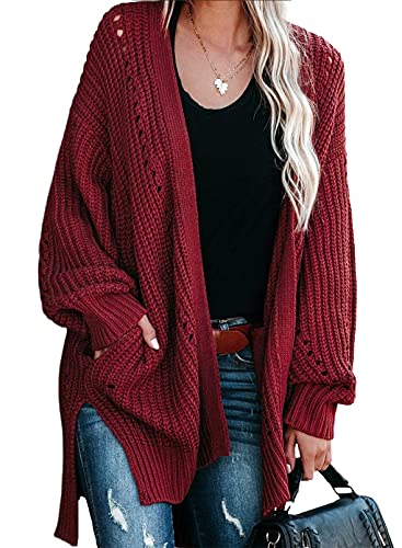 Dokotoo Womens Plus Size Winter Fall Oversized Open Front Cozy Long Sleeve Side Slit Cardigans Sweaters Ladies Chunky Cable Knitted Casual Coats Outerwear Cardigans Jackets With Pockets Wine Large #TOP28