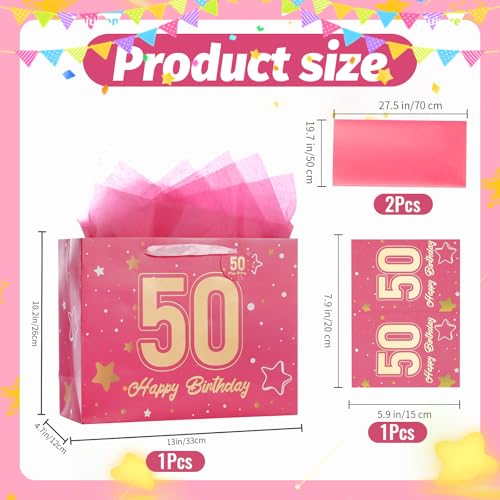 Image of Powbrace 13 inch Pink 50th Birthday Gift Bag with Tissue Paper and Greeting Card for Party,Happy Birthday Gift Bag for Men Women,Gift Bags Medium size(1 Pink 50th)