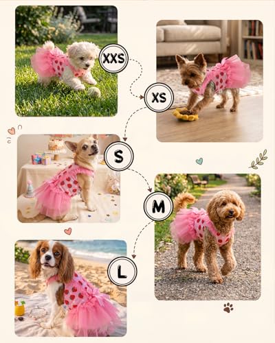 Image of CuteBone Pink Strawberry Pet Dress for Small Dogs, Cats - Double-Layer Ruffled Skirt - Satin Bow - Sweet Daily, Playdate Dress