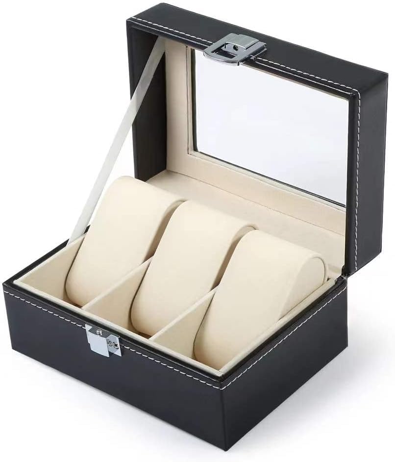MKgrovv Watch Box Display Case, 3 Slots Watch Holder Glass Lid Watch Box Organizer for Men PU Leather Watch Holder Organizer for Men (B0CVFLBTVW) Amazon Price History, Amazon Price Tracker