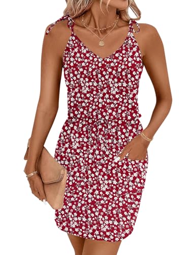 Image of AUSELILY Womens Summer Dresses Sleeveless Spaghetti Strap Beach Cover up Drawstring Waist Mini Short Dress with Pockets