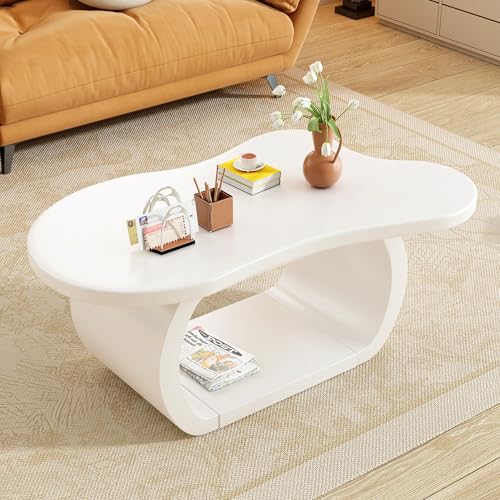 Merax Modern Cloud Coffee Table with Curved Legs, Wood Cream Style Irregular Center End Tables for Living Room, Reception Room, Apartment, Easy Assemble, White