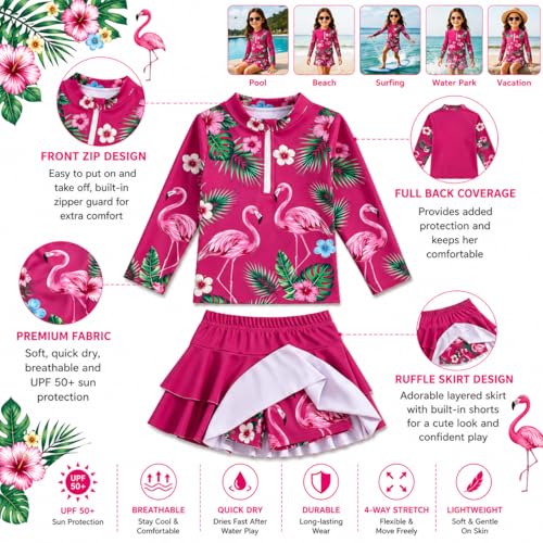 Image of Girls Rash Guard Swimsuit Set UPF 50+ Long Sleeve Two Piece Swimwear Half Zip with Skirt Bottom for Kids 3-10Y