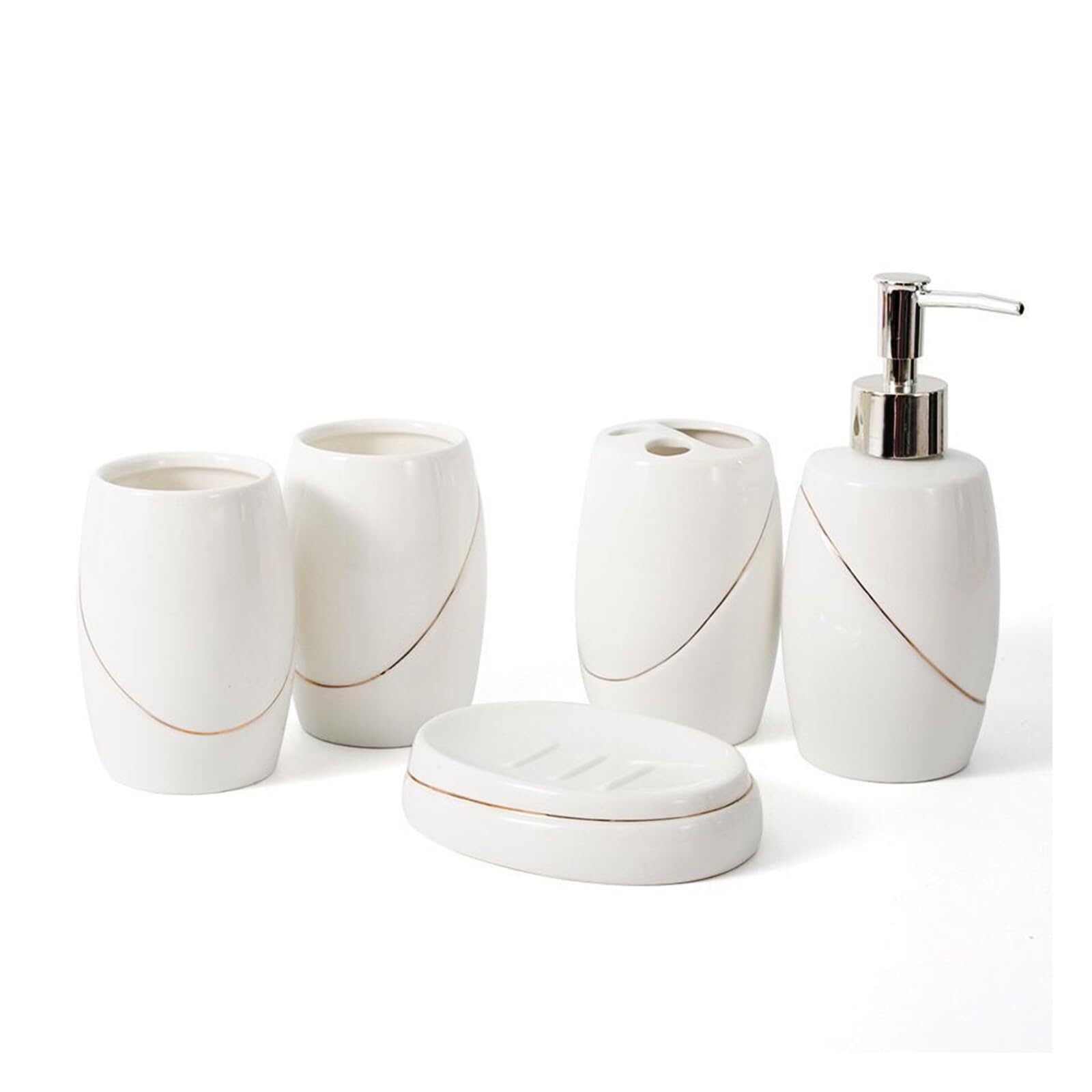 Zestawy łazienkowe, akcesoria, dozownik mydła, zestaw 5 akcesoriów łazienkowych z 2 szczoteczkami do zębów, naczynie ceramiczne, do łazienek, mieszkań, akademików, wiktoriański, wystrój (białe złoto)