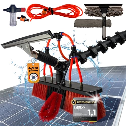 Profi Teleskop Waschbürste mit Teleskopstiel 4,9m wasserführend - Inkl. Dachrinnenreiniger & Fensterwischer - Teleskopstange für Photovoltaik Solar Anlagen & Wintergarten Reinigungsset