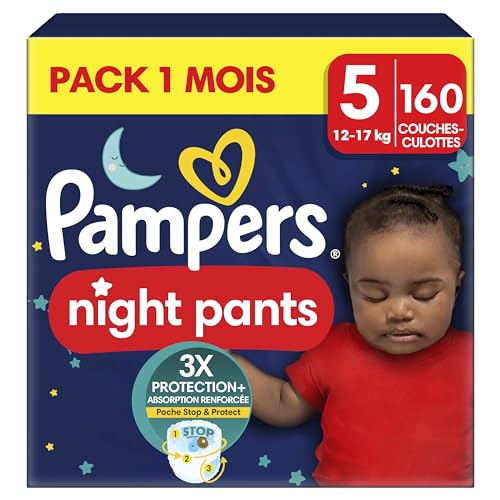 Pampers Night Pants, Taille 5, 160 Couches-Culottes, 12-17kg, Maintien 360° Contre Les Fuites Avec Un Cœur Super Absorbant Pour Une Protection Renforcée...