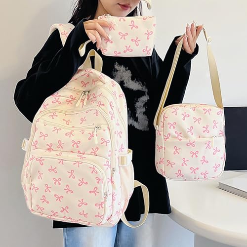 Bow Backpack for Women, 2025 New Bow Backpack Bags Set, Cute Kawaii Backpack Set, Coquette Nylon Backpack With Bow Pattern (Pink)3