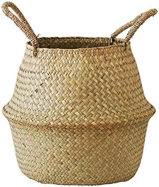 YOLOGOSUN Natural Seagrass Belly Basket Lightweight Handmade Laundry Basket with Handles Handmand Tote Woven Storage Basket(Middle)