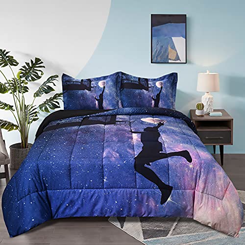 Homechoice Decor 3D Basketball Player Print Comforter Set, 3PC Sport Theme Bedding Set with Galaxy and Moon, All Season Down Alternative Quilted Duvet for Child Kid Gift, Queen, 90" x 92" (LQ-16)