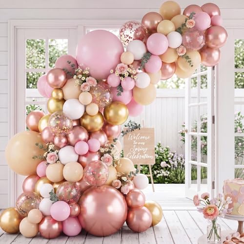 RUBFAC Rose Gold Balloons Garland Arch Kit Latex Party Balloons Different Sizes 18 12 10 5 Inch for Birthday Wedding Shower Princess Party Decoration 144pcs