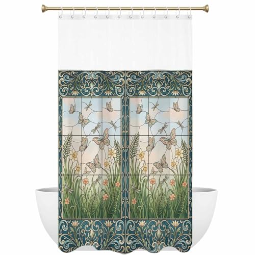 Floral Butterfly Shower Curtain with See Through Top Window Retro