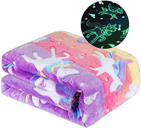 Glow in The Dark Blanket Unicorns Gifts for Girls Birthday Gift Super Cute Soft Cozy Rainbow Unicorn Star Flannel Luminous Magic Throw 50"x60"