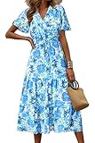 Picture of PRETTYGARDEN Floral Dress for Women 2025 Summer Casual Short Sleeve Maxi Dresses V Neck Tiered Flowy Boho Beach Sundress (White Blue Floral,Large)