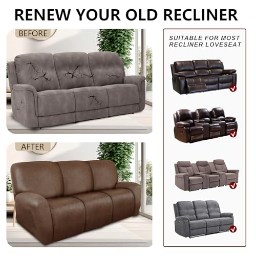 Image of ANARACHON Recliner Couch Cover Leather Look Recliner Sofa Covers for 3 Cushion Reclining Sofa Slipcovers 8-Pieces Furniture Protector Spandex Fabric Washable (3 Seater, 01 Brown)