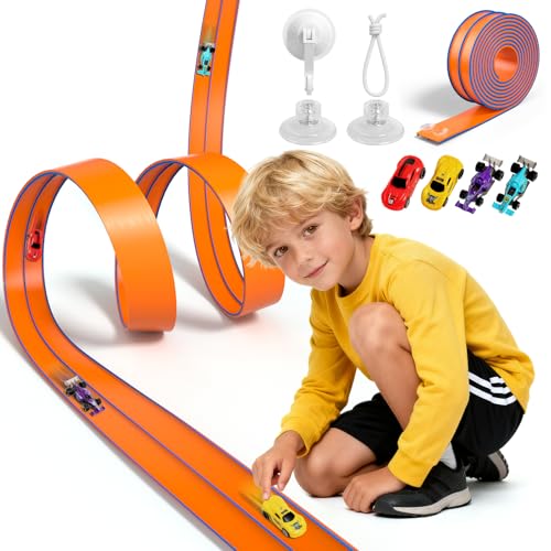 Flexible Autorennbahn Kinder ab 3 4 5 6 7+ Jahre, 4.5M Flexible Rennbahn, Rennstrecke Auto Spielzeug Geschenk, Autobahn Kinder 3 4 5 6 7+ Jahre Jungen, Aufrollbare Tragbare Dual Rennstrecke Rampen