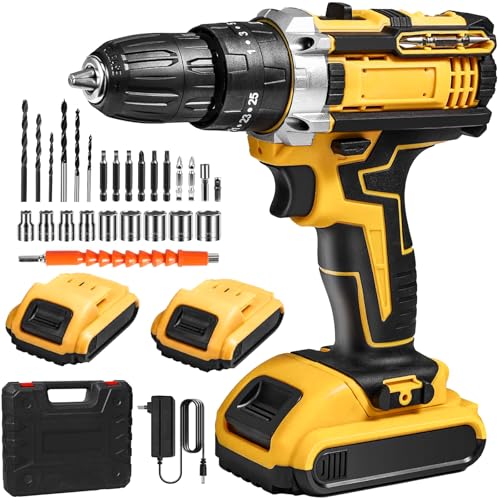 Akku-Bohrschrauber 28 V, elektrische Bohrmaschine, kabellos, mit 2 Akkus + 24 Zubehörteilen, 25 + 3 Drehmomenteinstellungen, LED-Lampen, Bohrmaschine für Heimwerker (18V)