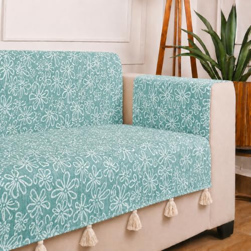Image of STITCHNEST 'Verdant Phool Stories' 2 Seater Sofa Cover | Full Coverage with Armrest Pockets | Elegant Jacquard Fabric, Decorative Tassels, Washable & Durable for Modern Living