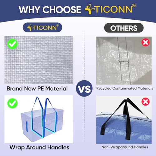 Image of TICONN 12 Pack Extra Large Moving Bags Heavy Duty with Zippers & Carrying Handles, Durable Storage Bags Moving Boxes for Closet Organizers and Storage (12 Pack, Blue)