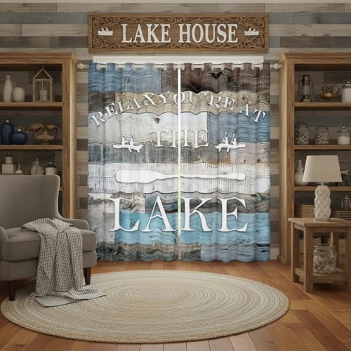 Lake House Window Curtain Rustic Farmhouse Curtains Blue Grey Retro Wooden Window Treatment Curtain for Kids Adults Men Teens Bedroom Decor,Lake Life White Cabin Window Drapes,Top 2 Panel,38Wx45L