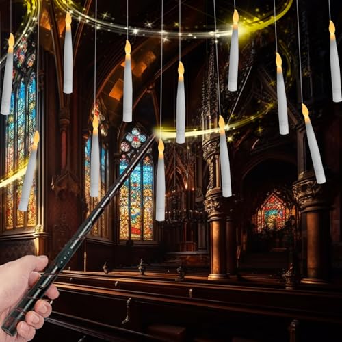 12 Pcs Floating Candles with Magic Wand Remote Flameless Flickering LED Taper Battery Operated Fake Hanging Candles for Halloween Christmas Easter Room Table Decor