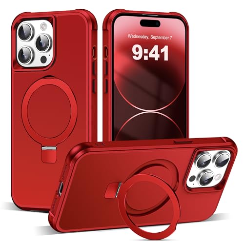 SKYLMW Compatible with iPhone 14 Pro Case with Invisible Magnetic O-Ring Stand Military-Grade Case for iPhone 14 Pro 6.1 [Compatible with Mag-Safe][Great Grip Feeling] Red