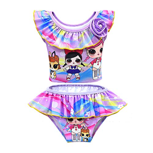 Rohero Toddler Baby Girls Swimsuits Doll Print Ruffle Tulle Swimwear Bathing Suit for Doll Surprised (120cm/ 5-6Y, Purple)