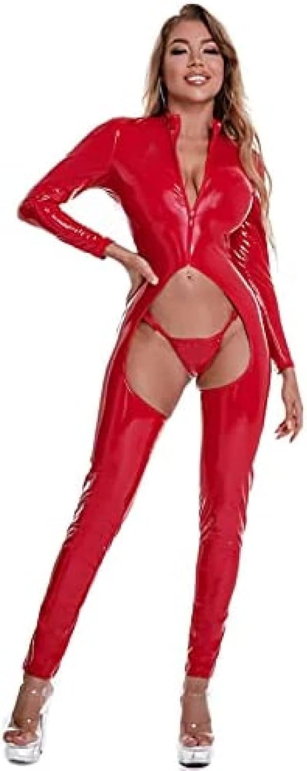 Faux Leather Bodysuit Women's Catsuit Lingerie Clubwear Nightclubs Performance Cosplay Bodysuit,Red_c,3X-Large
