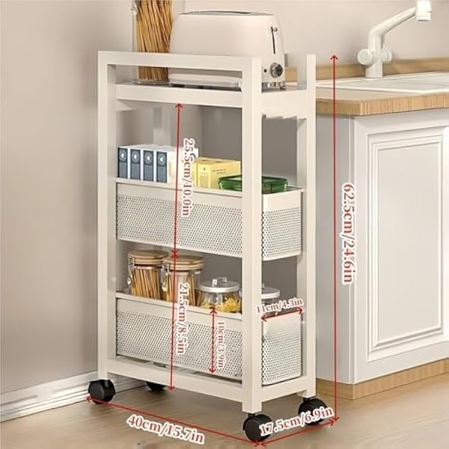 5-Tier Rolling Gap Storage Rack with Wheels - Narrow Carbon Steel Organizer for Kitchen & Fridge Side - Space-Saving Cabinet (Black)