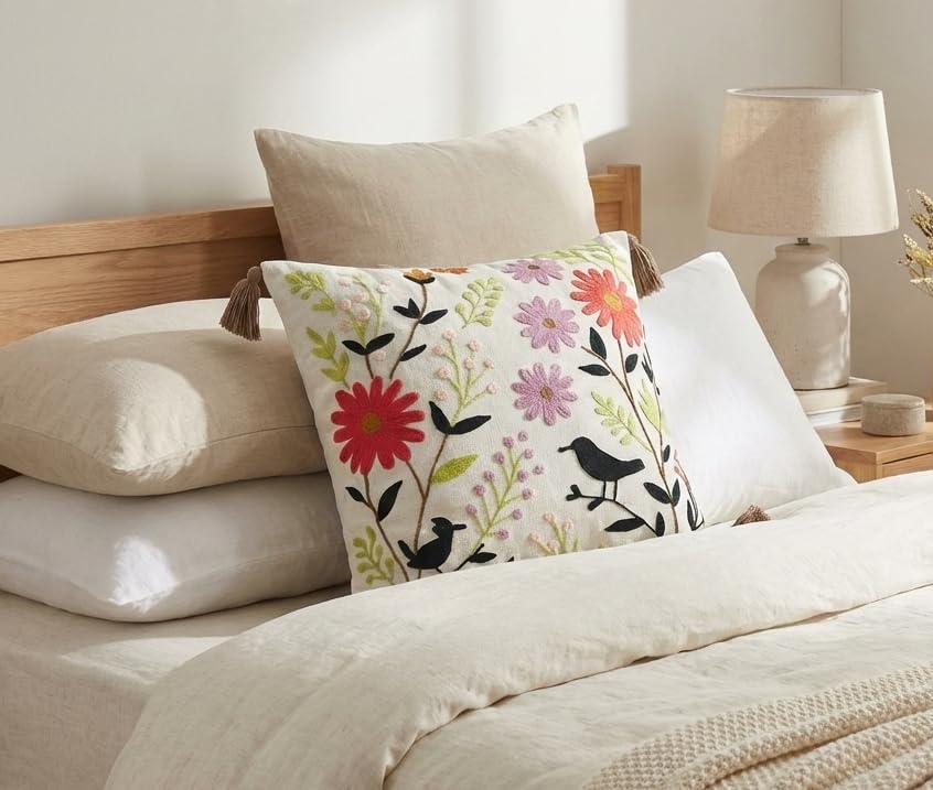 Image of Furnistitchs Handmade Cotton Bohemian Home Decor Cushion Cover 24x24 inches / 60x60 cms - Boho Chic Couch Sofa Throw Living Room Bedroom Cushions (2, Floral Birds)