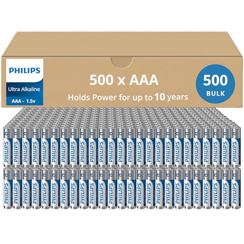 Philips AAA Batteries 500 Bulk Pack, 1.5v Ultra Alkaline Batteries, 10-Year Shelf Life, Long-Lasting AAA Battery, 129% More Power for Your Devices, Leak-Proof, Premium Performance.