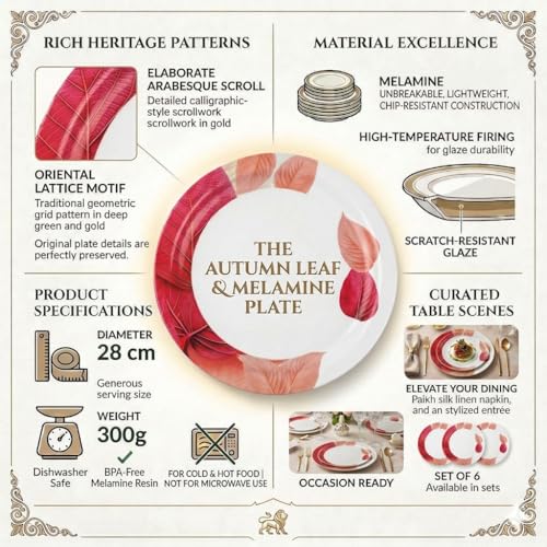 Image of Melamine Dinner Plates | Round Full Plate | Microwave Safe | Break Resistant | Plates for Breakfast, Lunch, Dinner | Plates for home, Office, Restaurant | Set of 6 | 11 Inch's (PINK LEAF)