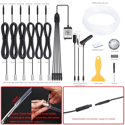 QAUBEN Car Ambient Lighting 64 Colors Multicoloured Music Optic Fiber Cable APP Control Car DIY Decorative Atmosphere Lighting DC 12V 1W 8m