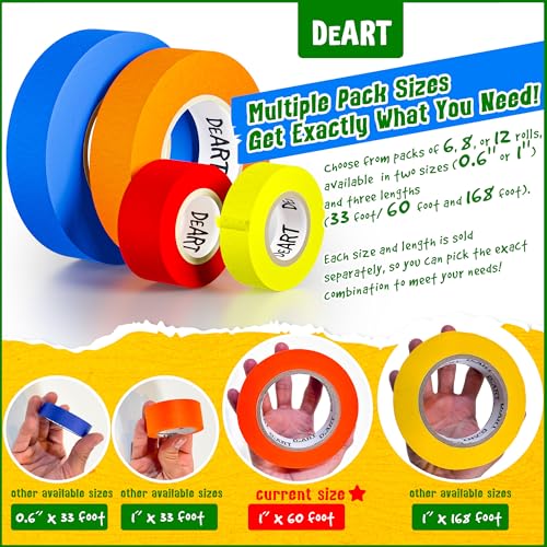 Image of DEART Colored Masking Tape Painters Tape Writable 12, 8 or 6 Pack - 1 inch or 0.6 Inches for Arts & Crafts, Art Supplies, Whiteboard Tape Dry Erase Board Tape Craft Supplies (6, Large (20 Yd))