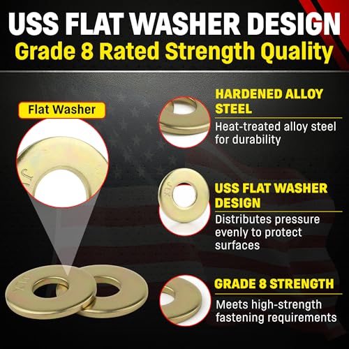 Image of Chenango Supply 5 /8 inch Grade 8 Flat Washers | Hardened Alloy Steel, Yellow Zinc Chromate Finish, USS Heavy Duty Washers for 5 /8 Hex Bolts (25 Pieces)