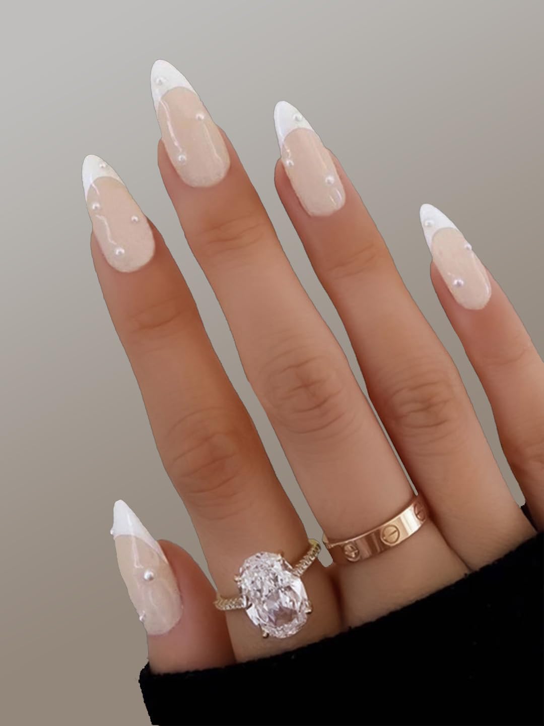 Secret Lives Artificial Reusable 24 PCS Set | Almond Shape Nude Cream Color with 3D Pearls Luxury Designer Stick on Nails for Women-image-25