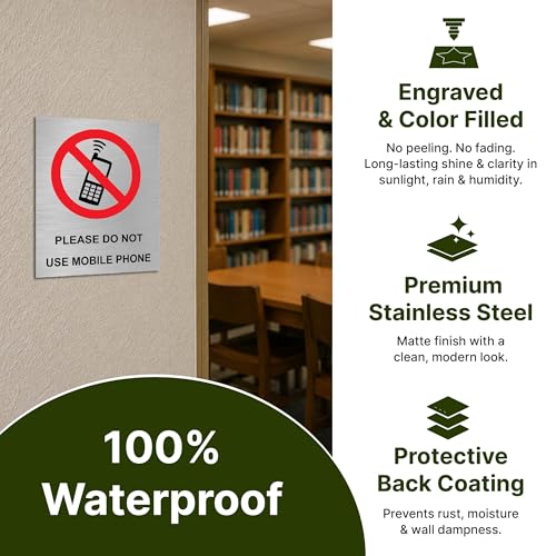 Image of Don't Use Mobile Sign Board Warning Sign Plate for Office, Hospital, Classroom, Lab, Factory Wall Mount, Rustproof, Bold Text,(6x8 Inch Stainless Steel)
