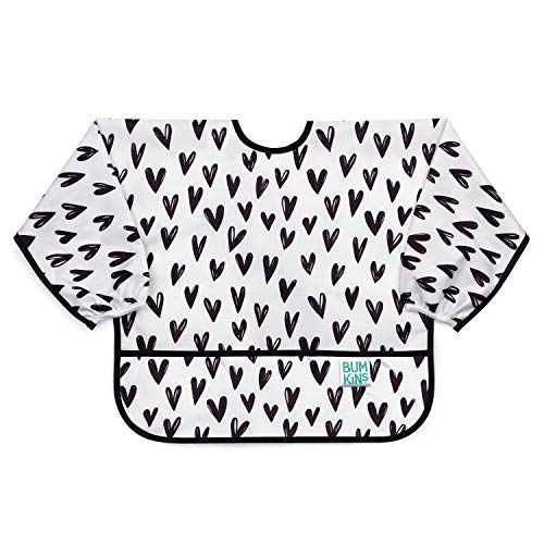 Image of Bumkins Sleeved Bib for Girl or Boy, Baby and Toddler for 6-24 Months, Essential Must Have for Eating, Feeding, Baby Led Weaning Supplies, Long Sleeve Mess Saving Food Catcher, Hearts Black and White