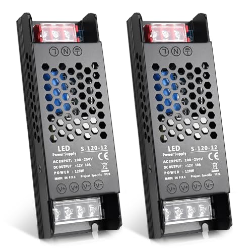 Image of 12V 10A 120W LED Power Supply, AC 100-250V to DC 12V Switching Power Supply, Constant Voltage LED Driver for LED Strip Lights, Cabinet Lighting, Signage, CCTV, 2 Pack