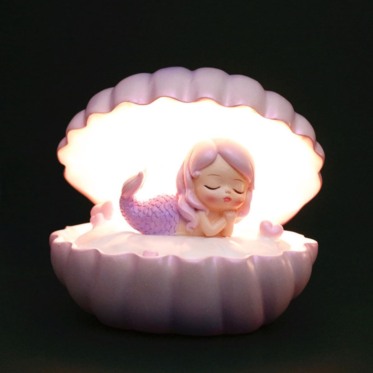 Lámpara de Noche Forma de Sirena de Resina Rosa 1 Pieza | Pila de Botón Incluida, Diseño Concha, Figura Pequeña para Escritorio Color Aleatorio