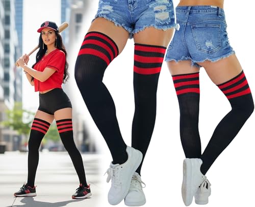 Image of ToBeInStyle Women's Heavyweight Knit Thigh High Long Socks w /Contrast 3 Stripe Top Band